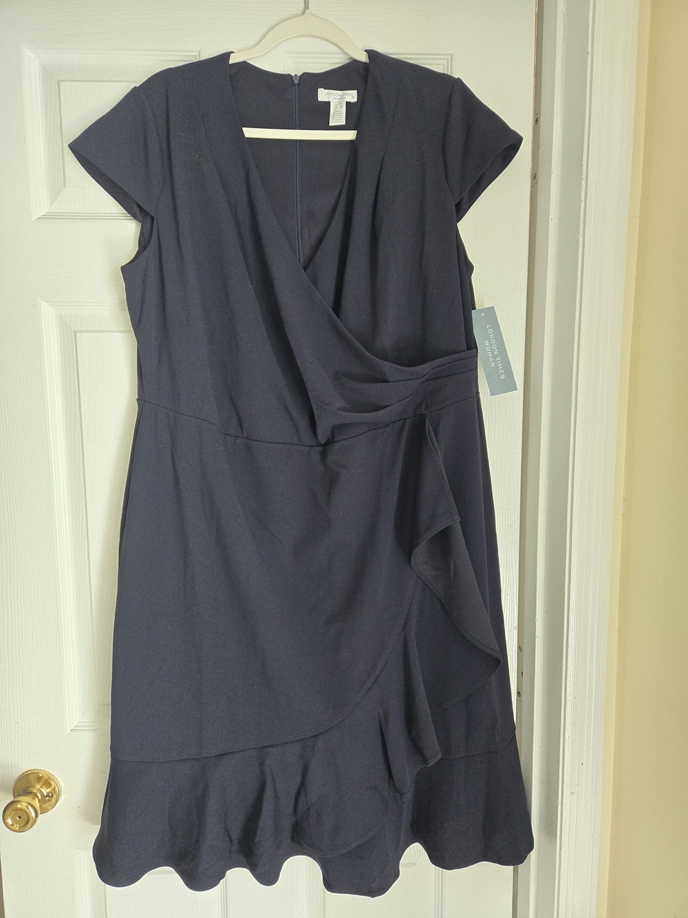 London Times Navy Wrap-Style Ruffle Dress